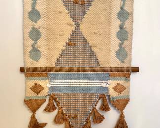 Handwoven Fiber Art Wall Tapestry with Geometric Design, Wooden Hanging Rods & Tassel Fringe