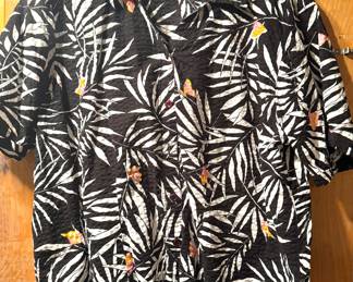 Women's Black & White Tropical Palm Leaf Print Short-Sleeve Button-Front Blouse with Floral Accents