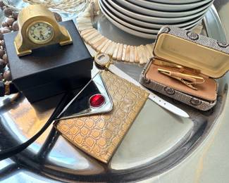 Assorted Estate Accessories Collection with Miniature Brass Desk Clock, Gold-Tone Cigarette Case, Jeweled Letter Opener, Wristwatch & Boxed Tie Clips