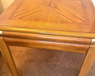 Geometric Parquetry Oak Square End Table with Brass-Tone Corner Accents