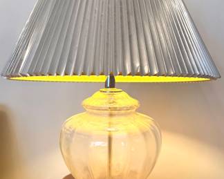 Hollywood Regency Clear Ribbed Glass Table Lamp with Chrome Base & Metallic Silver Pleated Shade