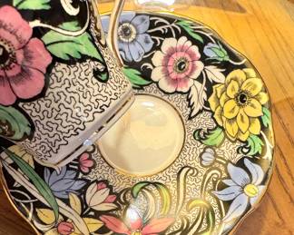 Hand-Painted Floral Chintz Porcelain Teacup & Saucer with Black Background, Multicolor Flowers & Gold Trim