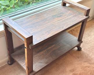 Rustic Wood Two-Tier Rolling Serving Cart with Raised Side Handles & Casters