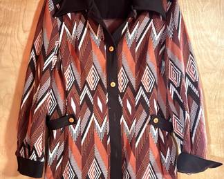 Women's 1970s Retro Geometric Print Button-Front Tunic Jacket in Brown, Rust & Black