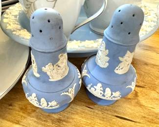 Wedgwood Blue Jasperware Salt & Pepper Shakers with White Classical Relief Decoration