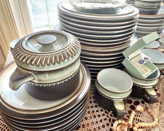 Denby England Stoneware Dinnerware Collection with Green & Brown Glaze, Plates, Bowls, Cups & Covered Serving Pieces