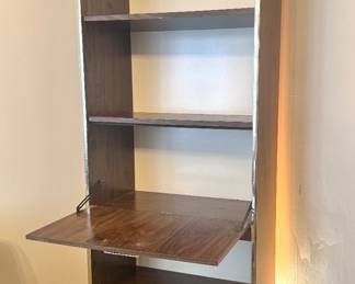 Mid-Century Modern Walnut-Finish Open Bookcase with Drop-Front Secretary Desk & Chrome Trim