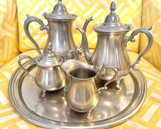 Preisner Pewter 206T Five-Piece Coffee & Tea Service with Coffee Pot, Teapot, Sugar Bowl, Creamer & Serving Tray