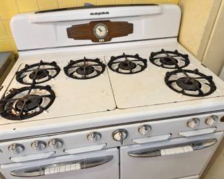 Roper Six-Burner White Porcelain Gas Range with Double Ovens, Chrome Handles & Telechron Timer