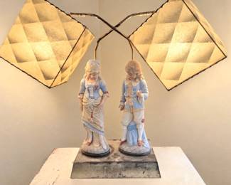 Victorian Style Hand-Painted Bisque Porcelain Figural Double Table Lamp with Twin Geometric Shades