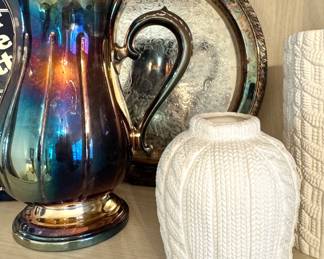 Silverplate Pitcher & Ornate Serving Tray with White Cable-Knit Textured Ceramic Vases