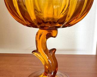 Amber Glass Lotus Flower Pedestal Compote Bowl with Sculptural Stem