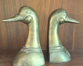 Pair of Brass Duck Head Bookends with Aged Patina