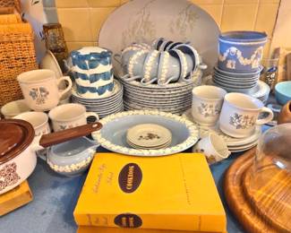 Wedgwood Blue Jasperware-Style Embossed Grape & Vine Dinnerware Collection with Teacups, Saucers, Plates & Serving Pieces