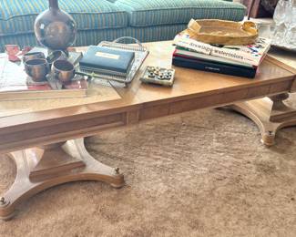Neoclassical Rectangular Wood Coffee Table with Double Pedestal Bases & Brass Finial Accents,