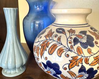 Decorative Ceramic & Cobalt Blue Glass Vase Collection with Hand-Painted Floral Pottery