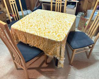 Contemporary Light Wood Square Dining Table with Four Slat-Back Chairs & Black Upholstered Seats