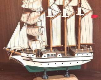 Handcrafted Wooden Four-Masted Sailing Ship Model with Canvas Sails & Display Stand