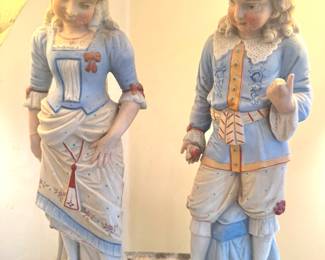 Victorian Style Hand-Painted Bisque Porcelain Figural Double Table Lamp with Twin Geometric Shades