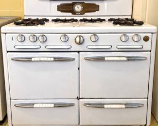 Roper Six-Burner White Porcelain Gas Range with Double Ovens, Chrome Handles & Telechron Timer