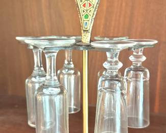 Brass & Multicolor Enamel Stemware Caddy with Six Cordial Glasses
