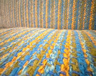 Traditional Two-Cushion Sofa with Button-Tufted Back & Blue, Green and Gold Striped Upholstery