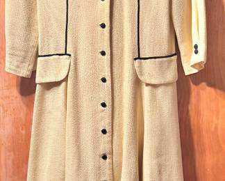 Women's Cream Textured Button-Front Coat Dress with Black Piping & Decorative Buttons