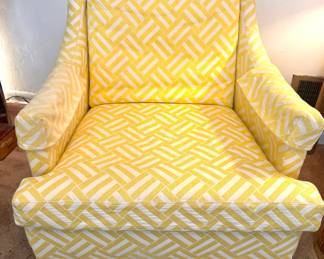 Dorothy Collins Interiors Yellow & White Geometric Upholstered Lounge Armchair with Loose Back Cushion