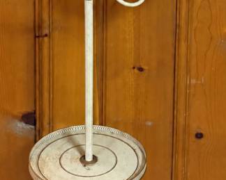 Hollywood Regency Cream & Gold Tole Metal Floor Lamp with Floral Stenciled Shade, Integrated Tray & Ring Finial