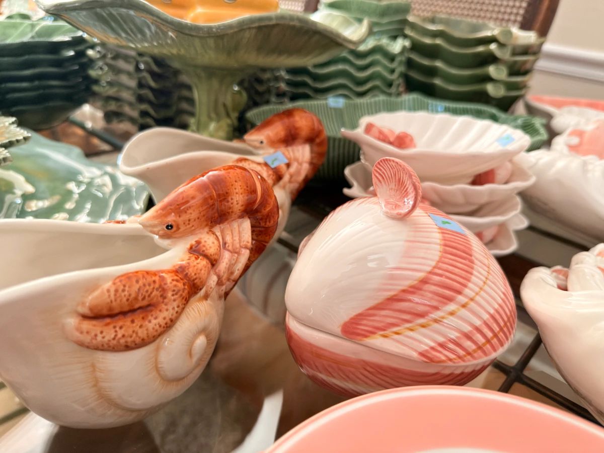 Figural seafood serveware, lobster gravy boats and shell dishes