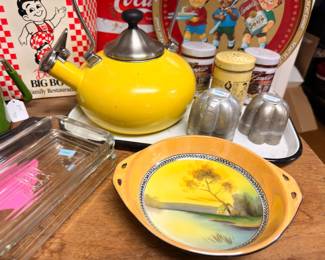 Hand painted Nippon style dish, yellow tea kettle, vintage kitchen