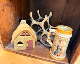 German style beer stein, cottage figure, wine rack