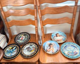 Oak ladder back chairs and collector plates