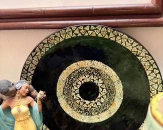 Mosaic inlay charger plate, Art Deco lady figurine