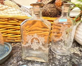 Etched glass decanters, pair
