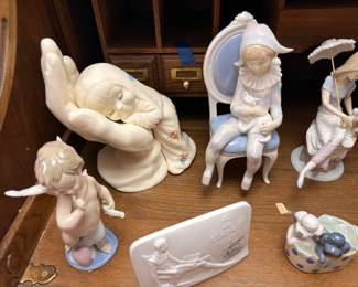 Lladro style porcelain figurines, pierrot clown, umbrella girl