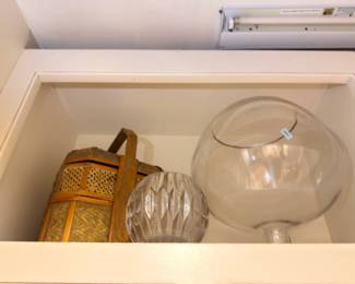 Glass terrarium bowl and woven basket lantern