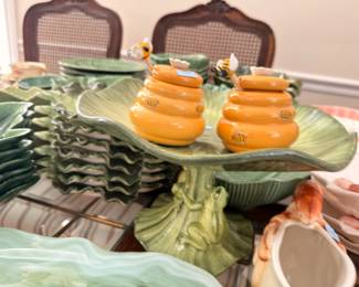 Majolica beehive honey pots and leaf pedestal stand