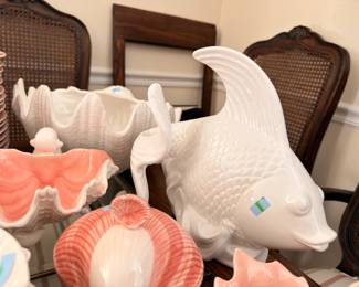 Ceramic fish pitcher, clam shell bowls, coastal serveware