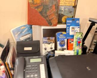 Office electronics, phones, printer, and supplies lot
