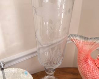 Etched crystal hurricane vase and pink art glass fish bowl