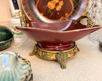 Oxblood glazed console bowl on brass footed base