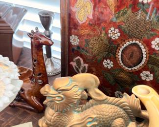 Asian decor, brass foo dog dragon, lacquered panel, carved figures
