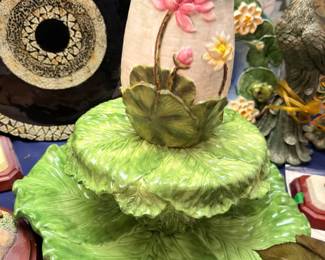 Majolica lettuce leaf tiered serving stand with lotus vase