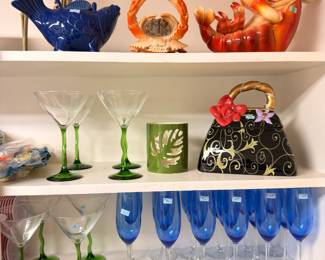 Cobalt blue champagne flutes, stemware, figural seafood pieces
