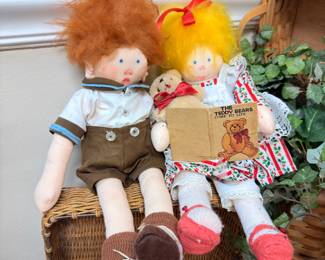 Vintage cloth rag dolls, boy and girl pair