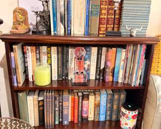 Mahogany bookcase with books, antique red leather set