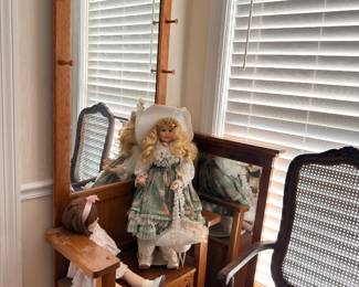Mission oak hall tree mirror bench, porcelain doll