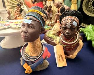 African tribal woman bust sculptures with beaded collars
