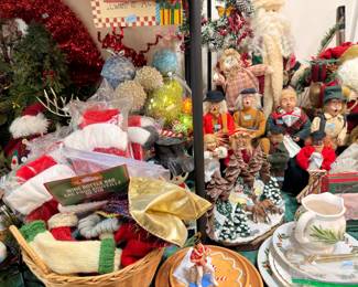 Christmas stockings, Santa figures, and holiday china